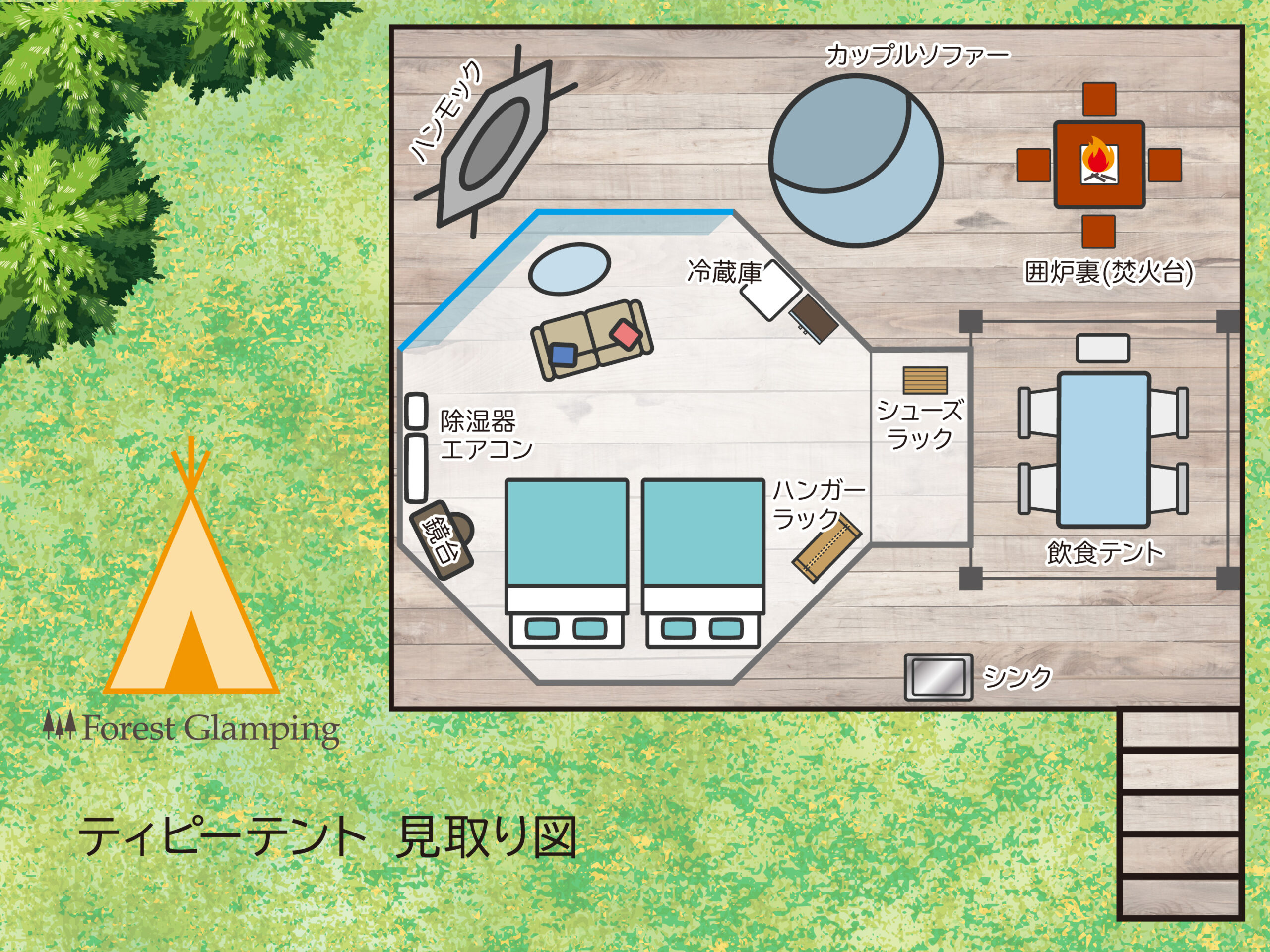 伊東フォレストグランピングインディアンテント見取図